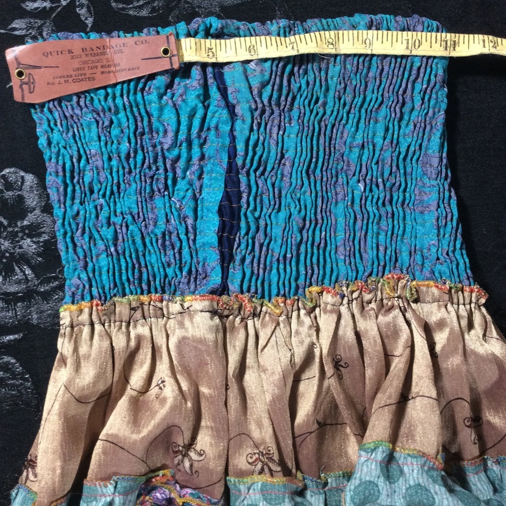 Vintage Boho Silk Sari Patchwork 2-Way Smocked Tube Dress / Maxi Skirt-XSmall - Picture 6 of 11